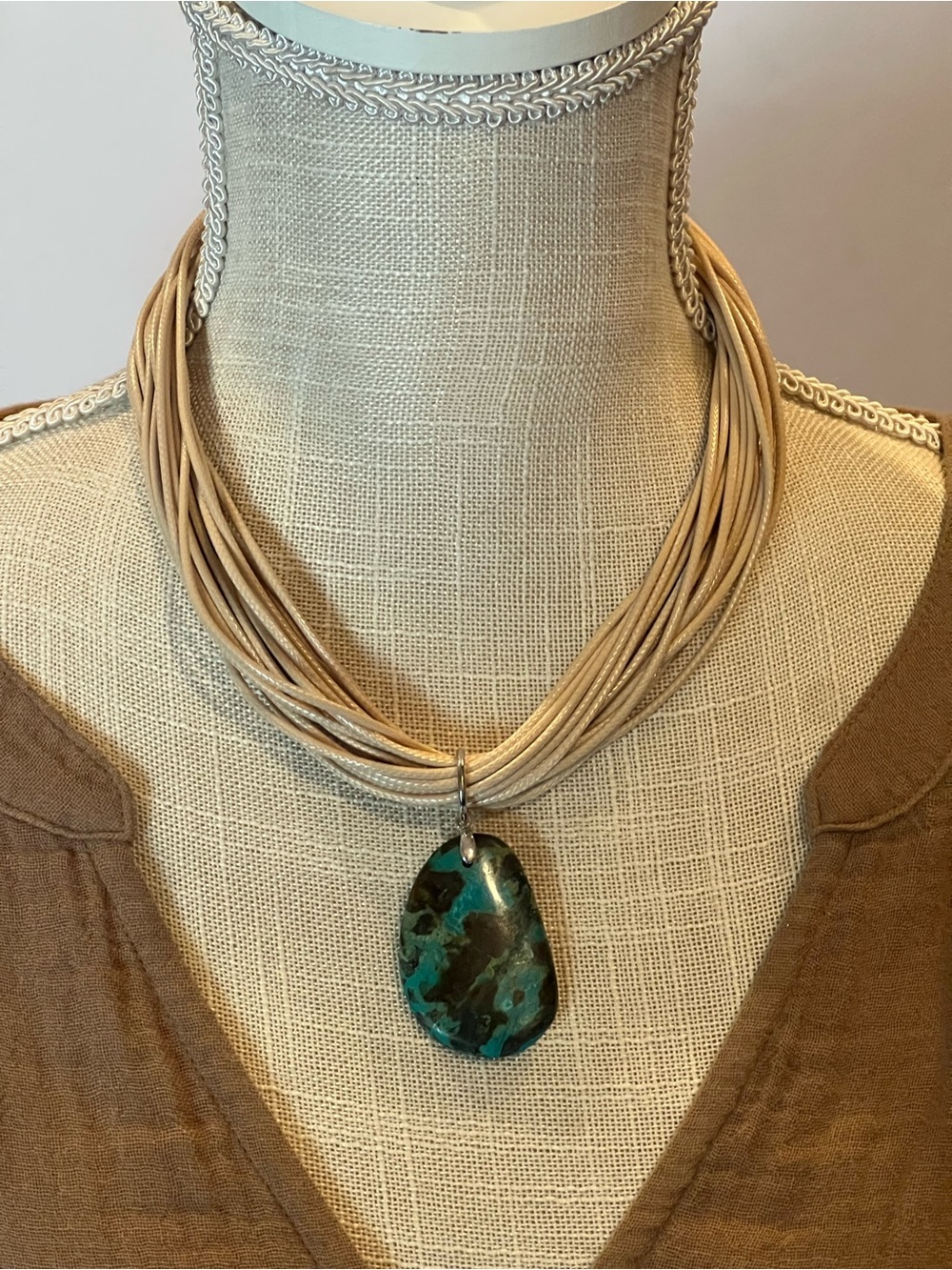 Beige Multi-Strand Necklace with Chrysocolla Stone Pendant